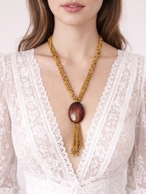 Vintage gold seed bead and brown agate necklace